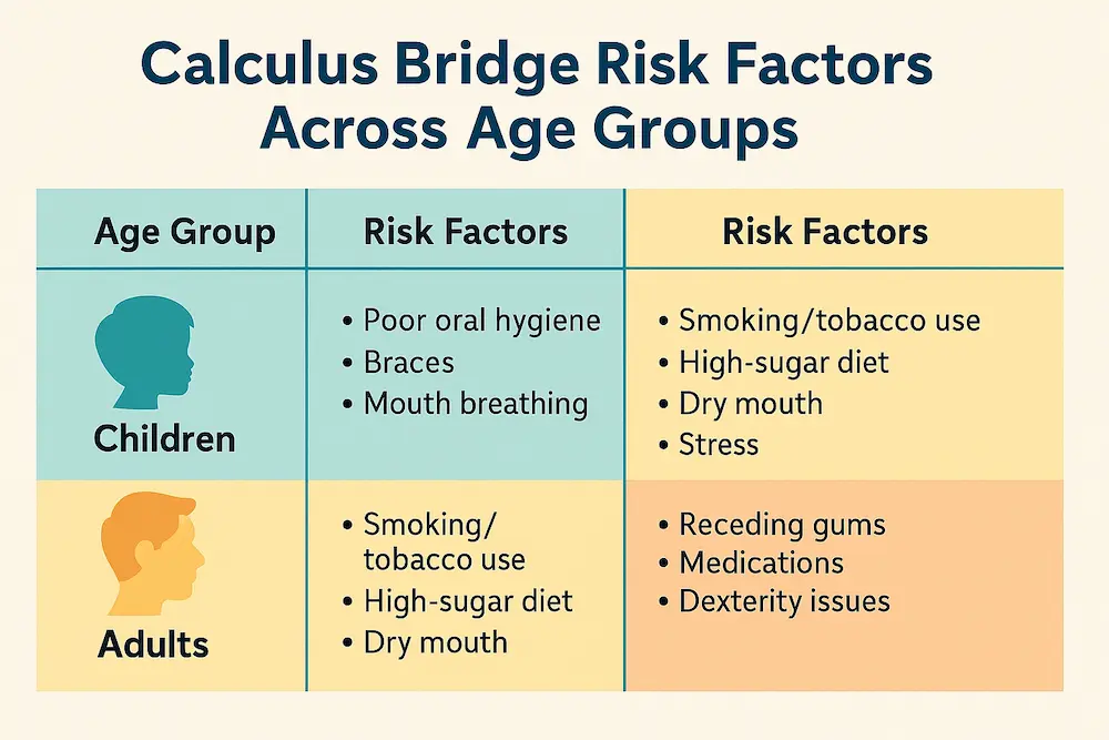 Chart showing calculus bridge risk factors across different age groups