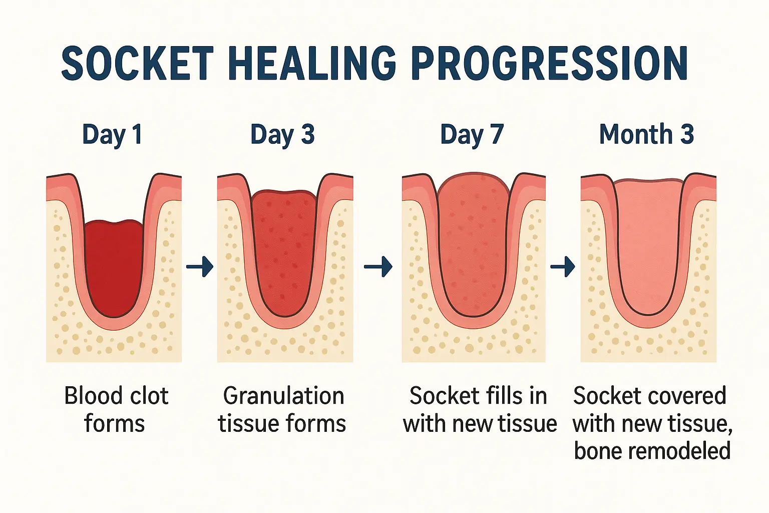 Visual timeline showing socket healing progression from day 1 to month 3