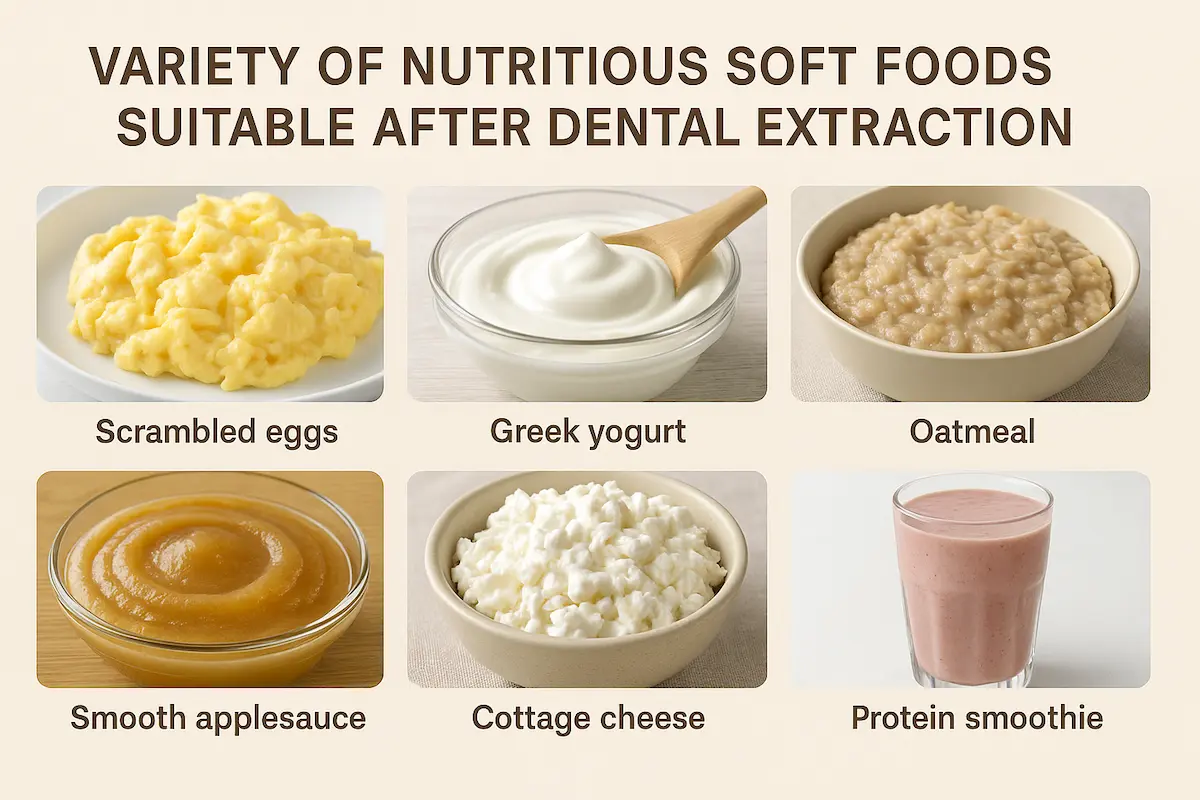 Variety of nutritious soft foods suitable after dental extraction